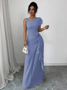 Elenzga 女士不对称肩部荷叶边泡泡袖系腰A字形花卉优雅浪漫连衣裙