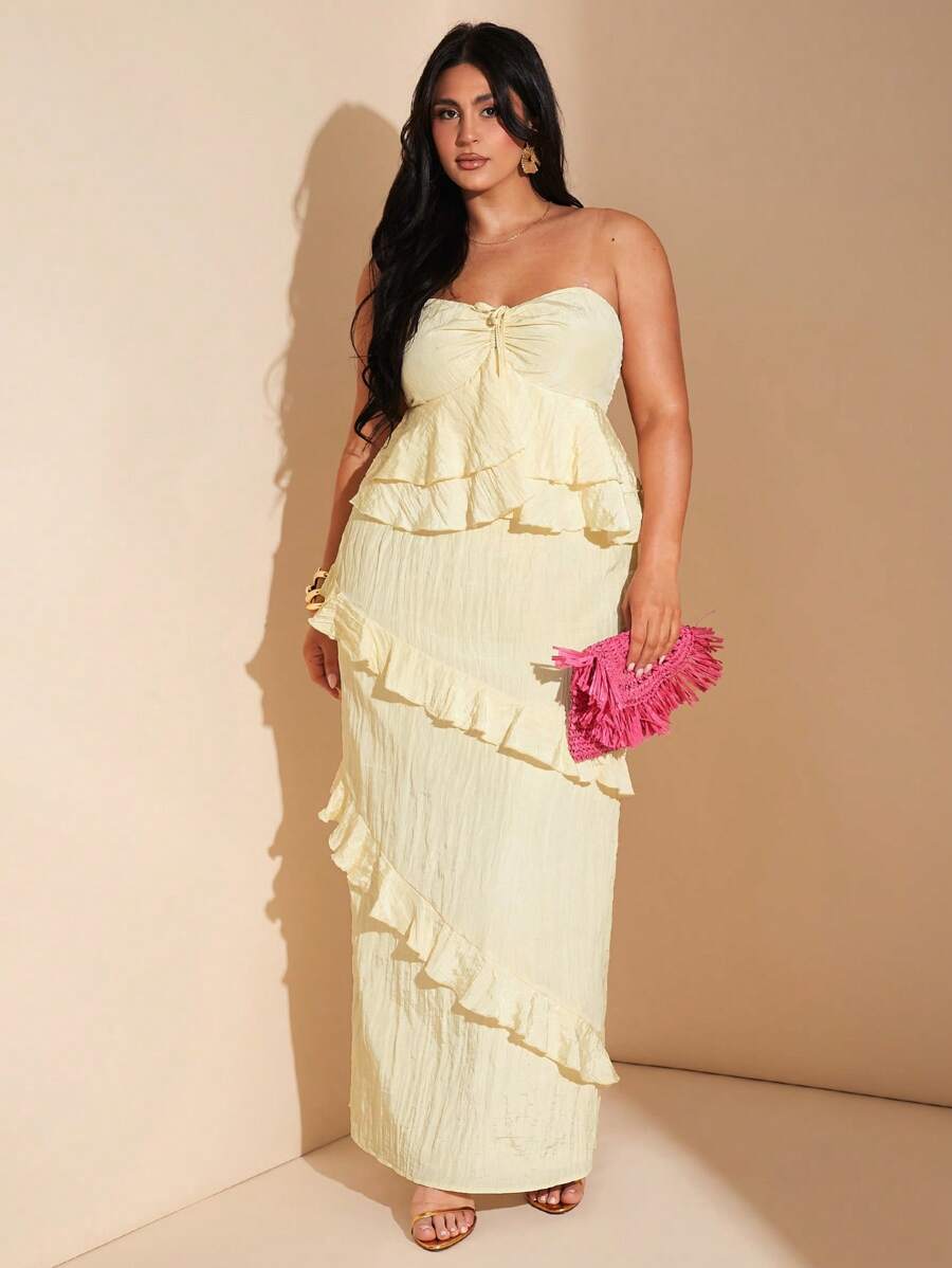 SHEIN BAE Große Größen Damen Sommer gelb super lang Bodycon strukturiertes Rüschen Saum trägerloses Maxikleid, Urlaub