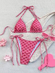 Swim Mod Summer Beach Women's Floral Printed Halter Neck Pink Bikini Set Floral Pink Bikinitwo Piece Pink Bikini