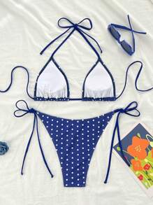 Swim Mod 2026 Spring/Summer Women's Polka Dot Print Halter Neck Tie Side Bikini Two Pieces Swimsuit