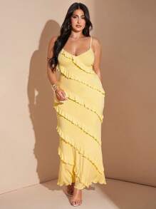 SHEIN BAE Damen Große Größen gelbes Rüschen V-Ausschnitt Träger Maxikleid, Strandparty/Geburtstagsparty/Abendausgang elegantes und sexy Kleid, Frühling/Sommer, Abschlusskleid, Strandoutfit für Frauen, 4. Juli Outfit, Inselurlaub Outfit, Flitterwochen Outfit Frau, Sommeroutfit für Frauen, Sommerkleider für Frauen, Pool Party Outfit, Urlaubsoutfit Frau, Damenkleidung in Große Größen, Konzert, buttergelbes Kleid