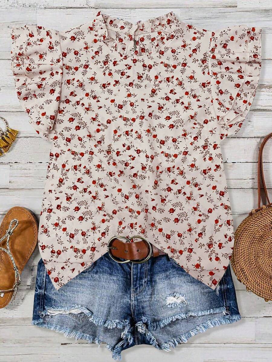 SHEIN Clasi 女士优雅休闲杏色玫瑰印花领双层荷叶边袖短袖衬衫，春夏