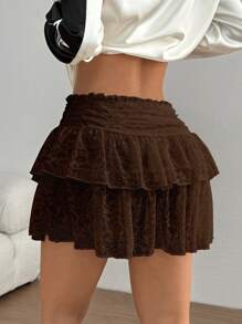 TRNVIE Women Lace Ruffle Flounce Hem Skirt - Brown - View 2