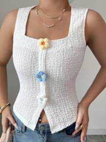 Elenzga Women's Fashion French Floral 3D Print Sleeveless Crop Top, Wide Strap Square Neck Fitted Shell - White - View 5
