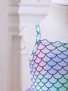 SHEIN Glamorique Kids 女婴春夏美人鱼鳞片印花细肩带薄纱公主裙 - 彩色 - 查看 5