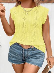 SHEIN VCAY CURVE Women's Casual Round Neck Cap Sleeve Textured Fabric Plus Size T-Shirt - Yellow - View 4