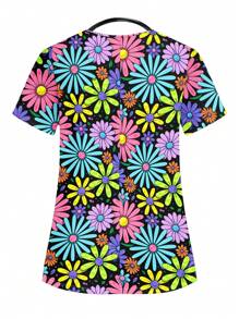 Plus Size Uniform Scrub Top, Short Sleeve, Fashion Design Suitable For Summer,Women's Plus Size Fashion Casual Simple Comfortable Printed Tops (Pumpkin Print, Donut Print, Snowman Print, Plant Print, Animal Print, Flower, Zebra Print) V Neck Short Sleeve Pocket Casual Shirt Elastic Double Pocket V Neck Tops, Women's V Neck Cleaning Tops, Women's Short Sleeve V Neck Nurse Uniform With 2 Pockets, Soft And Elastic Printed Cleaning Tops. - Multicolor - View 8