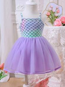 SHEIN Glamorique Kids 女婴春夏美人鱼鳞片印花细肩带薄纱公主裙 - 彩色 - 查看 1