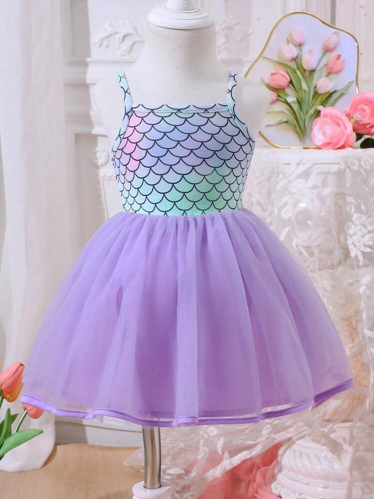SHEIN Glamorique Kids Vestido de princesa de tul con estampado de escamas de sirenita para bebé niña primavera/verano con tirantes de espagueti - Multicolor - Añade 1
