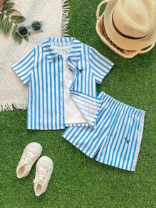 Set 3 piese cămașă cu mânecă scurtă, maiou și pantaloni scurți, casual, pentru băieți, de zi cu zi, pentru vacanță - Albastru - Vizualizare 5
