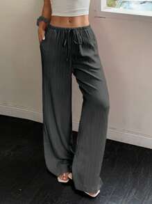 Flirla Women's Solid Color Drawstring Waist Pocket Casual Straight Leg Pants