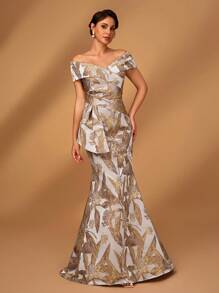 Serin 优雅奢华露肩提花缎面露肩鱼尾裙，适合婚礼、活动、单身派对、节日、舞会、晚会、新娘母亲 - 香檳色 - 查看 5