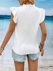 EMERY ROSE Women's Floral Embroidered V-Neck Ruffle Sleeve Vacation Shirt