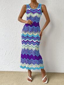 Celisse 度假休闲拼色条纹修身针织连衣裙 - 彩色 - 查看 3