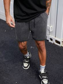 Manfinity EMRG Quần short nam màu trơn, viền cuộn, túi rút, thường ngày, giặt khô, rách - màu đen - Xem 1