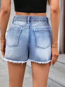 SHEIN Essnce Women Casual High Low Waist Ripped Denim Shorts - Medium Wash - View 2