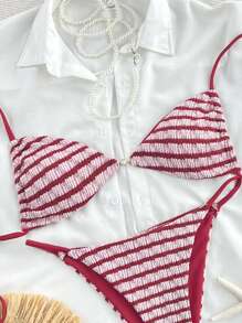 Swim Vcay Women's New Thin Strap Red & White Textured Pearl Button Linked Side Sexy High-Cut Bandeau Bikini Swimsuit For Summer Beach Vacation