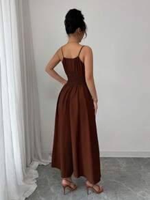 Elenzga Mono informal de lino de color café cómodo para mujer con lazo decorativo y cintura con cordón, para primavera/verano