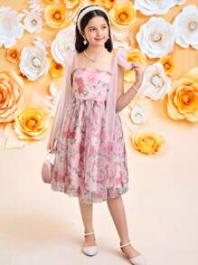 Vestido elegante con estampado floral y decoración de lazo para niñas preadolescentes