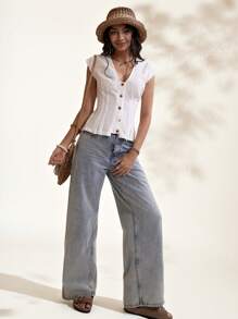 Easelle Summer Boho Vacation Linen White Woven Single-Breasted Western Graduation Waistcoat - White - View 5