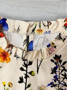 SHEIN Clasi 女士休闲杏色花卉印花立领双层荷叶边袖短袖衬衫，春夏 - 杏色 - 查看 4