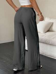 Flirla Women's Solid Color Drawstring Waist Pocket Casual Straight Leg Pants