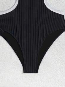 SHEIN Swim Striped Special Fabric Color Block Zip Up Long Sleeve One Piece Swimwear, Round Neck Hollow Out, Summer Sports Surfing Cruise Beach Vacation Swimwear For Women - Black and White - View 5