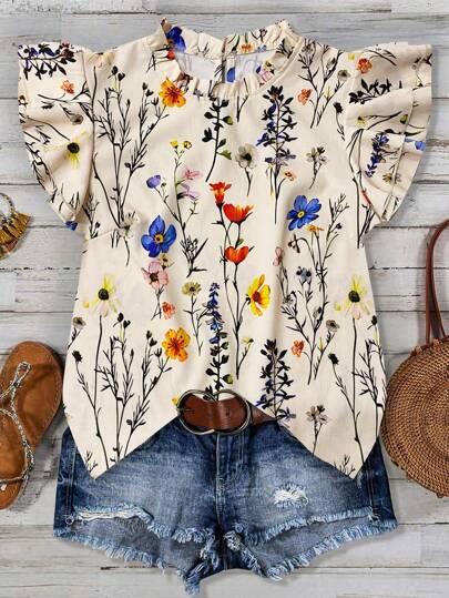 SHEIN Clasi Women Casual Apricot Floral Print Standing Collar Double-Layer Ruffle Sleeve Short Sleeve Blouse, Spring/Summer