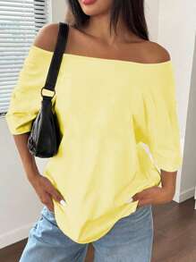 INAWLY Áo thun hở vai màu trơn tối giản giản dị dành cho nữ, mùa hè - Màu vàng - Xem 6