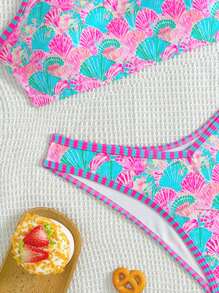 Swim Mod 2 件套女士沙滩比基尼套装，随机多色海洋元素，贝壳肩带，几何撞色饰边设计 - 彩色 - 查看 6