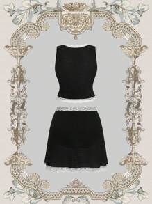 SHEIN MOD Boho Festival Holiday Casual Beach Versatile, Textured Knit Elastic Waist 2 Pieces Set With White Embroidered Lace Hem Maxi Skirt, Plus Size - Black and White - View 2
