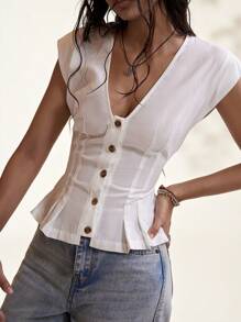 Easelle Summer Boho Vacation Linen White Woven Single-Breasted Western Graduation Waistcoat - White - View 3
