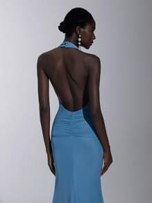 Elitara Vestido elegante, romántico, sexy, minimalista, azul, elástico, de cuello halter, espalda descubierta, ajustado, con nudo, transparente, de moda, de influencer, para festival, vacaciones, fiesta de cumpleaños, boda, dama de honor