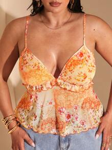 SHEIN BAE 大码女装春夏碎花荷叶边吊带网纱透视吊带背心，度假海滩优雅风，适合7月4日、夏季、Y2K、西部风、可爱上衣、夜店性感女装、外出上衣、毕业季等场合。 - 彩色 - 查看 3