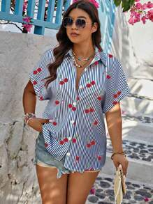 SHEIN LUNE Plus Size Loose Casual Versatile Striped Cherry Print Shirt With Folded Sleeve Cuffs