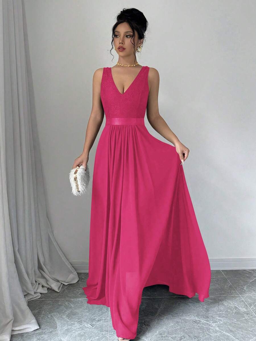 Elenzga Sleeveless V-Neck Cinched Waist A-Line Elegant & Romantic Party Dress For Women Maxi Women Outfit - Hot Pink - View 1