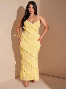 SHEIN BAE Damen Große Größen gelbes Rüschen V-Ausschnitt Träger Maxikleid, Strandparty/Geburtstagsparty/Abendausgang elegantes und sexy Kleid, Frühling/Sommer, Abschlusskleid, Strandoutfit für Frauen, 4. Juli Outfit, Inselurlaub Outfit, Flitterwochen Outfit Frau, Sommeroutfit für Frauen, Sommerkleider für Frauen, Pool Party Outfit, Urlaubsoutfit Frau, Damenkleidung in Große Größen, Konzert, buttergelbes Kleid