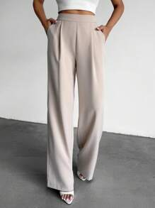 EURMUSE 女式纯色高腰褶皱直筒休闲裤 - 米色 - 查看 1
