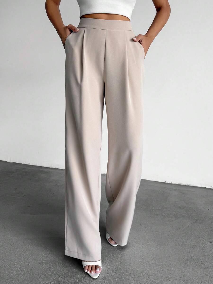 EURMUSE 女式纯色高腰褶皱直筒休闲裤 - 米色 - 查看 1