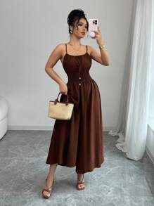 Elenzga Mono informal de lino de color café cómodo para mujer con lazo decorativo y cintura con cordón, para primavera/verano
