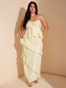 SHEIN BAE Große Größen Damen Sommer gelb super lang Bodycon strukturiertes Rüschen Saum trägerloses Maxikleid, Urlaub - Gelb - Übersicht 6