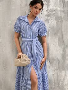 RueChic Women Extra Long Belt Detailed Shirt Dress - Blue - View 6