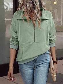 SHEIN LUNE Half-Zip Drawstring Drop Shoulder Sweatshirt,Ladies Late Fall Casual Pocket,Rib-Knit,Zipper Long Sleeve Collar Regular Fit Regular Mint Green Drop Shoulder Half Placket Women Hoodies,Long Sleeve Tops Graduation,Back To School Outfits,Graduation,Teacher Outfits For Women,Back To School Pullover - Mint Green - View 6