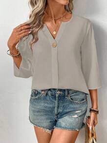 SHEIN LUNE 女士优雅翻领衬衫，简约办公室装，春夏 - 灰色 - 查看 4