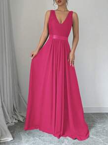 Elenzga Sleeveless V-Neck Cinched Waist A-Line Elegant & Romantic Party Dress For Women Maxi Women Outfit - Hot Pink - View 3
