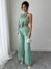 SHEIN Clasi Bộ đồ 2 món gợi cảm cổ tròn dài tay hở vai màu quýt cho nữ - màu xanh lá - Xem 5