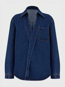 Daynim Áo sơ mi denim dài tay cổ điển dành cho nữ có vạt xéo - Rửa tối - Xem 7