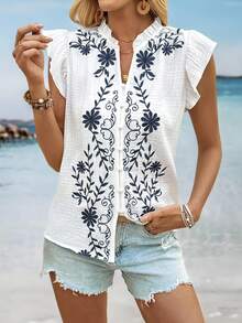 EMERY ROSE Women's Floral Embroidered V-Neck Ruffle Sleeve Vacation Shirt