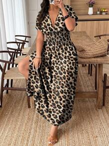 Weeklong Plus Size Shirred Leopard Print Short Sleeve Cinched Waist Bodycon Mini Dress - Multicolor - View 4