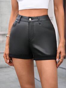 SHEIN Women's Black Coated Sexy Body-Con Ruffled Hem Butterflies Embroidered Shorts - Black - View 2